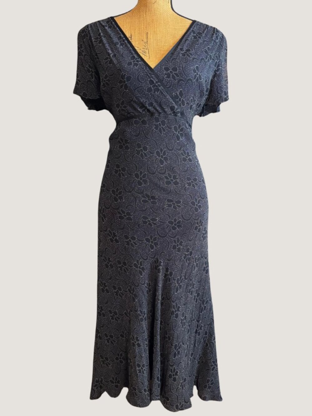 Silk Floral Midi Dress Flutter Sleeve Black Dot Lace Vintage 90s Maggy London 14